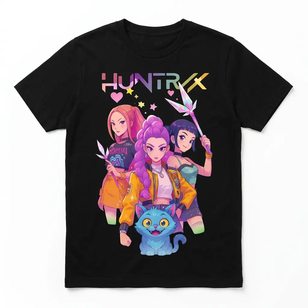 Retro Huntrxx Anime Girl Graphic T-Shirt 1 Graphic black t-shirt featuring three retro anime girls with vibrant hair and magical elements.