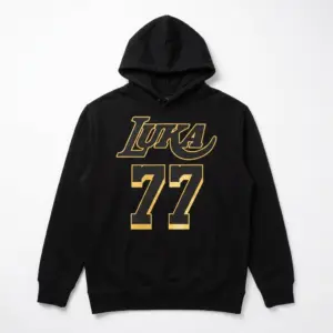Retro Luka 77 Basketball Graphic T-Shirt 7 Frontal view of the black Luka 77 Sports Shirt, displaying the yellow stylized "LUKA" and bold "77" design.