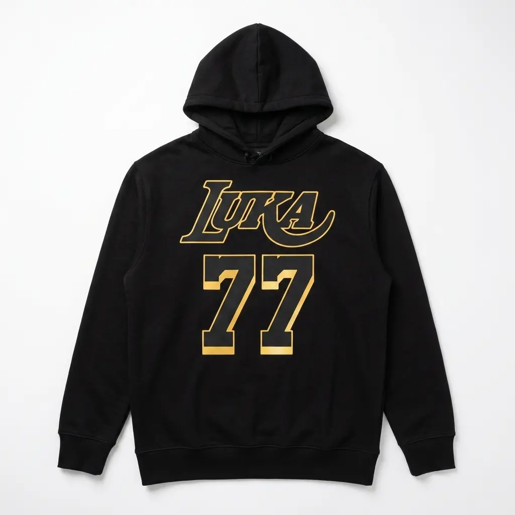 Retro Luka 77 Basketball Graphic T-Shirt 2 Frontal view of the black Luka 77 Sports Shirt, displaying the yellow stylized "LUKA" and bold "77" design.