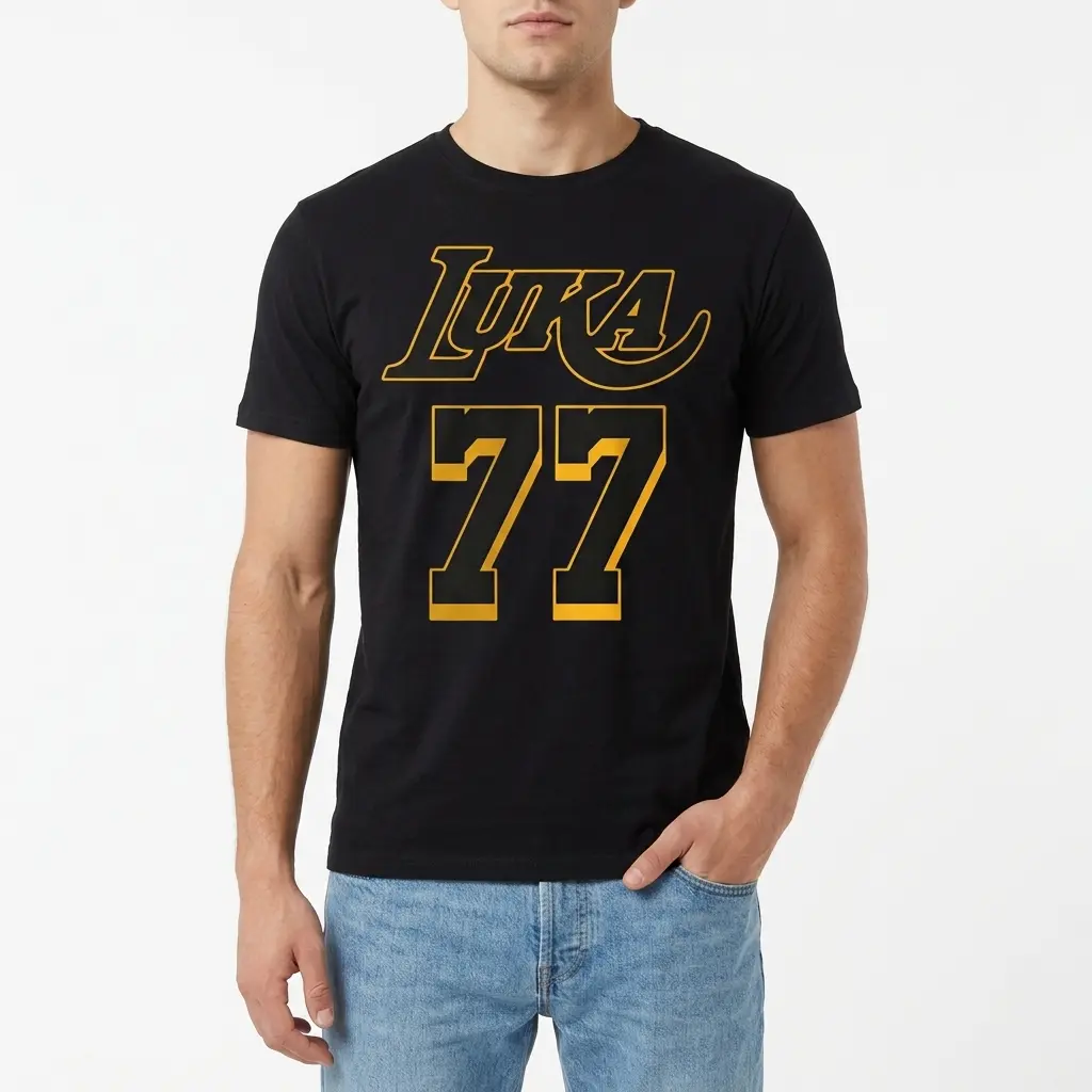 Retro Luka 77 Basketball Graphic T-Shirt 3 Detailed view of the yellow "LUKA" script and block "77" numbers on the front of a black t-shirt.