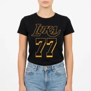 Retro Luka 77 Basketball Graphic T-Shirt 9 The black Retro Luka 77 T-Shirt, showing its full design with golden yellow "LUKA" and "77" graphics.