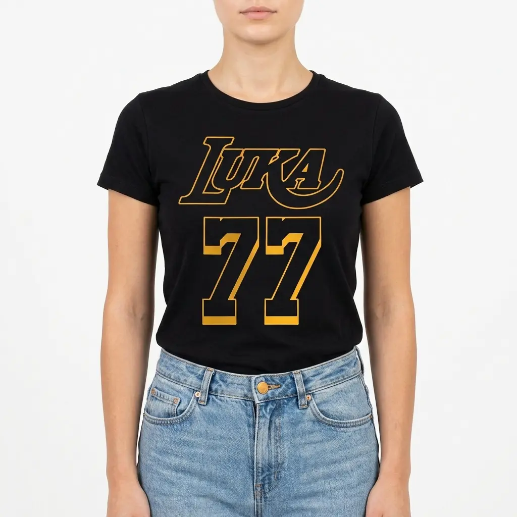 Retro Luka 77 Basketball Graphic T-Shirt 4 The black Retro Luka 77 T-Shirt, showing its full design with golden yellow "LUKA" and "77" graphics.