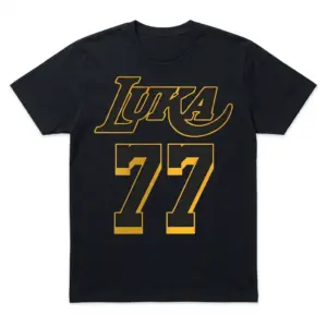 Black Retro Luka 77 Basketball Graphic T-Shirt featuring the prominent yellow "LUKA" text and large "77" numerals.