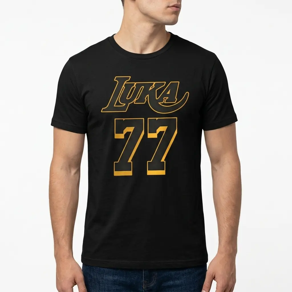 Retro Luka 77 Basketball Graphic T-Shirt 5 Black sports tee with a striking yellow "LUKA" design and large "77" numerals, styled for basketball.