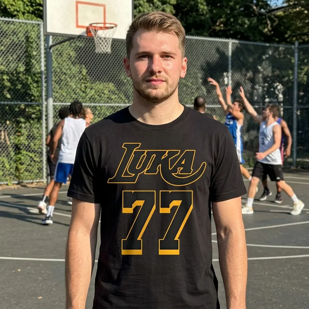 Retro Luka 77 Basketball Graphic T-Shirt 6 Black Retro Luka 77 Graphic T-Shirt presented in a clean, isolated view, highlighting its classic basketball design.