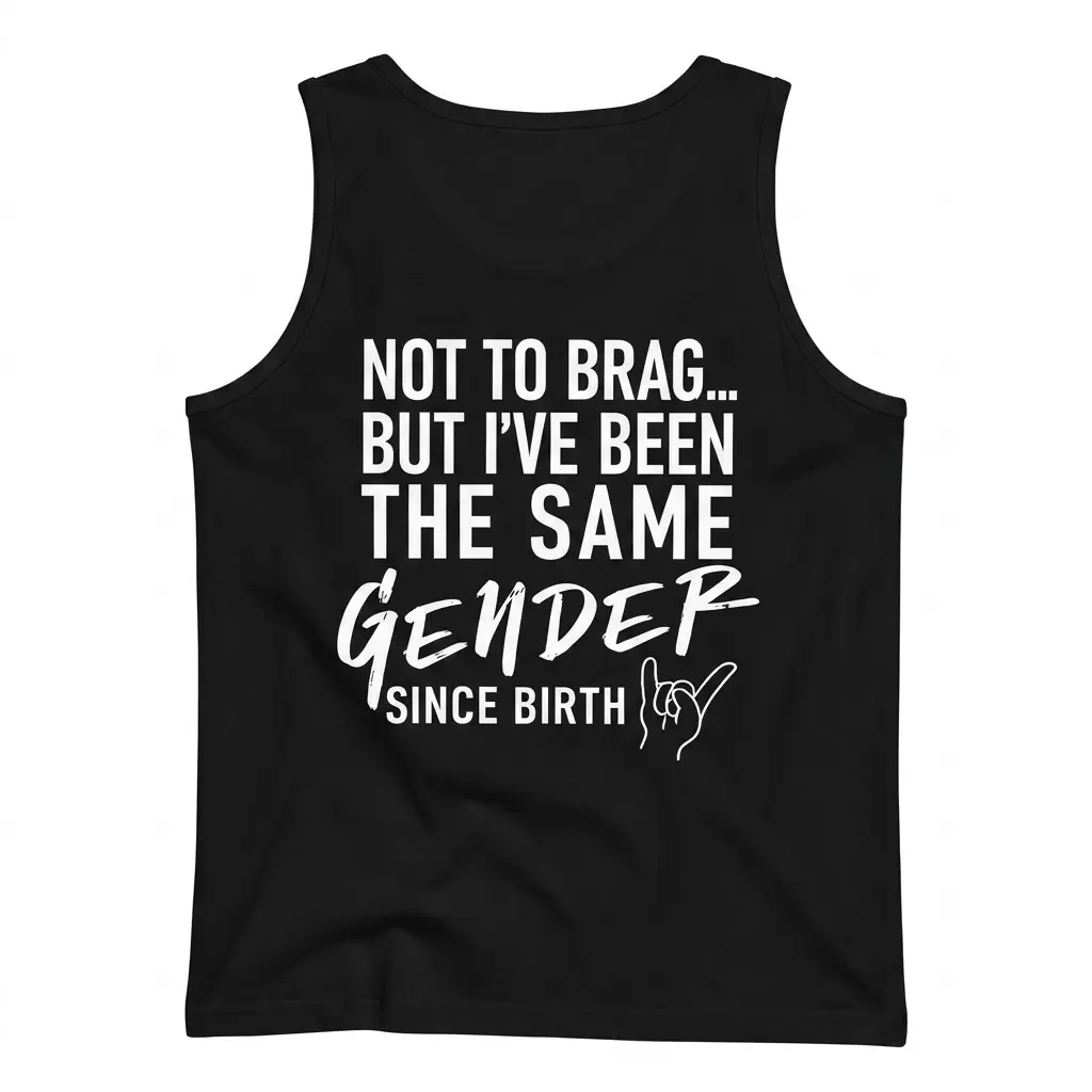 Flat lay of the back of a black tank top with the white graphic text 'NOT TO BRAG... BUT I'VE BEEN THE SAME GENDER SINCE BIRTH'.