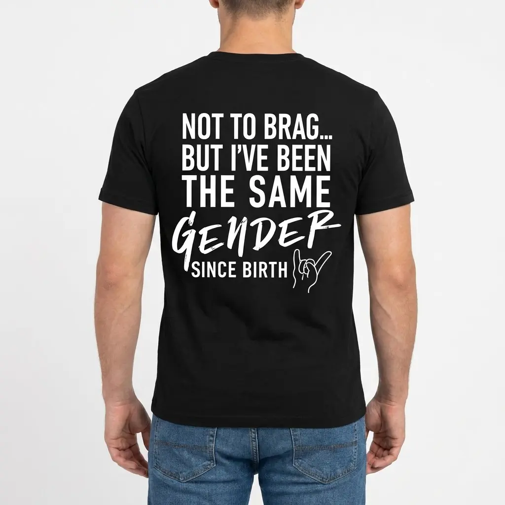 Back view of a man wearing the black t-shirt printed with the slogan 'NOT TO BRAG... BUT I'VE BEEN THE SAME GENDER SINCE BIRTH'.
