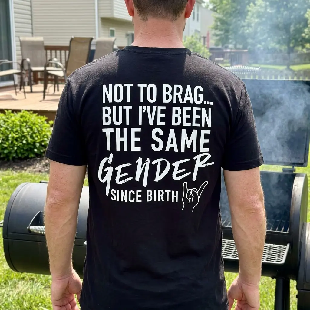 A person wearing the 'same gender since birth shirt' shown from the back in a casual, real-world setting.
