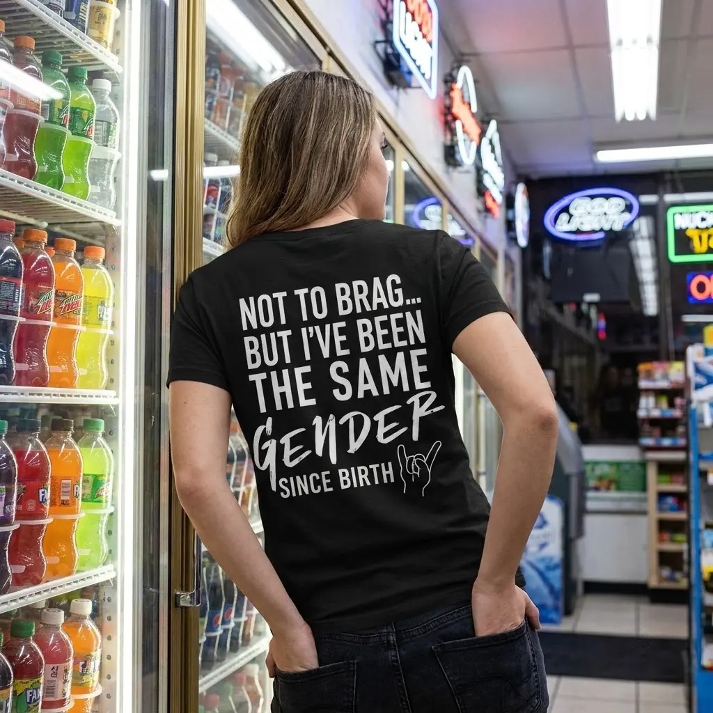Close-up of the back of the black t-shirt featuring the humorous 'SAME GENDER SINCE BIRTH' print, styled in a lifestyle scene.