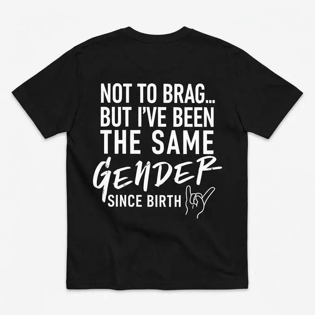 Flat lay view of the back of a black t-shirt featuring the white text 'NOT TO BRAG... BUT I'VE BEEN THE SAME GENDER SINCE BIRTH'.