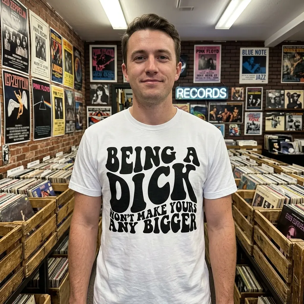 Person wearing a white T-shirt with a large sarcastic quote in black text.