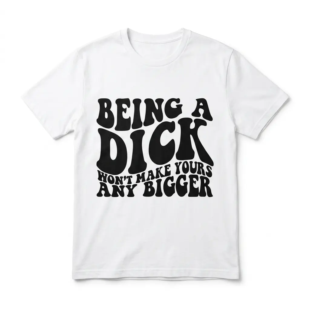 White T-shirt with bold black text: 'Being a Dick Won't Make Yours Any Bigger'.