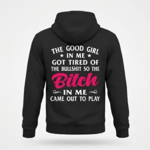 Sassy Good Girl Attitude Graphic T-Shirt 7 Back flat lay view of a black hoodie featuring the sassy good girl attitude typography design with bold pink lettering.