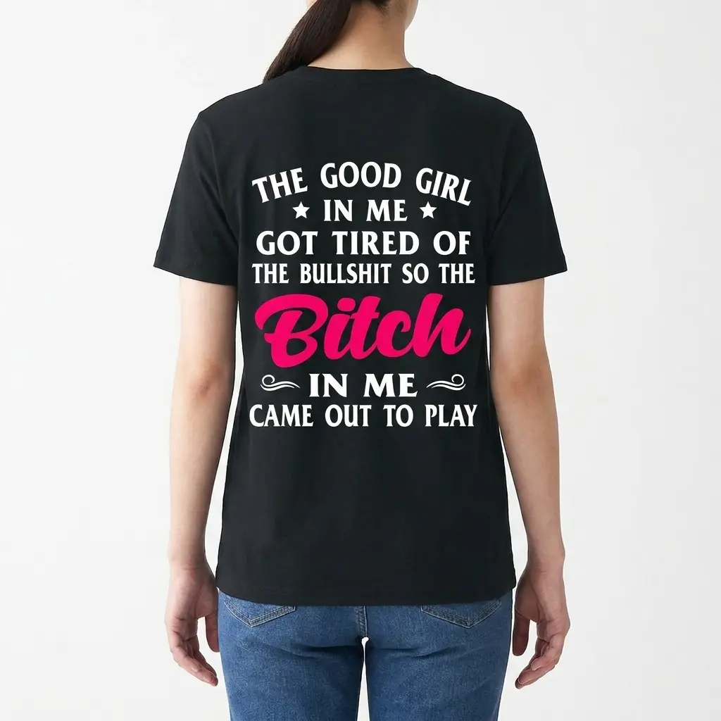 Back view of a woman wearing the black t-shirt featuring the sassy attitude statement print.