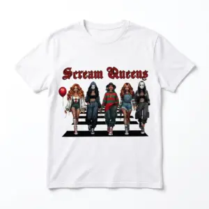 White scream queens shirt flat lay showing five female horror slasher characters walking across a zebra crosswalk