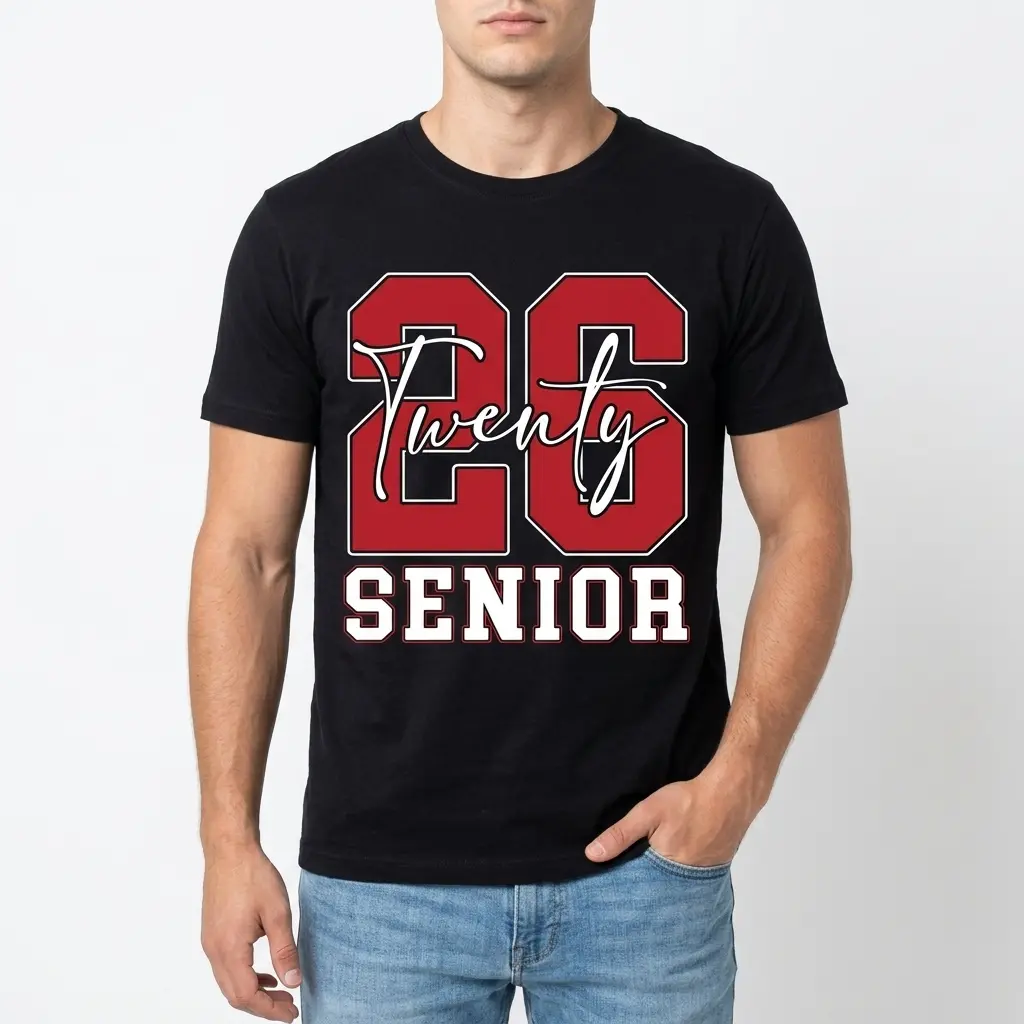 Senior Class of 2026 Varsity Graphic T-Shirt 3 Front view of a Senior Class of 2026 T-shirt with prominent red and white graphics.