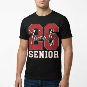 Senior Class of 2026 Varsity Graphic T-Shirt 10 Close-up of a black T-shirt with Senior Class of 2026 varsity graphic.