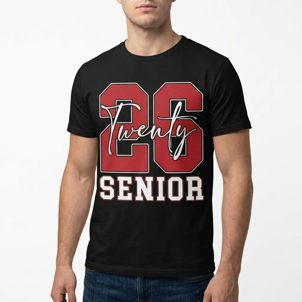 Senior Class of 2026 Varsity Graphic T-Shirt 5 Close-up of a black T-shirt with Senior Class of 2026 varsity graphic.