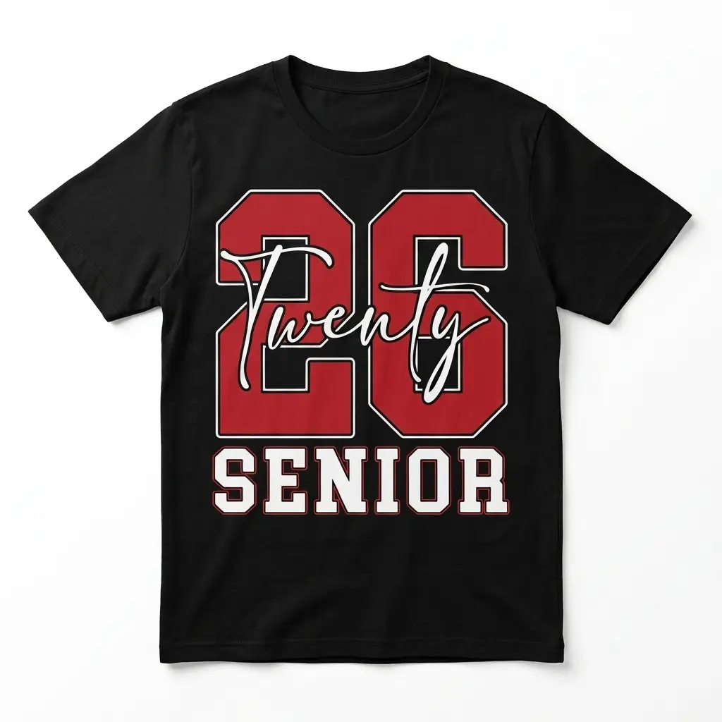 Senior Class of 2026 Varsity Graphic T-Shirt 1 Black Senior Class of 2026 graphic T-shirt with varsity style text.