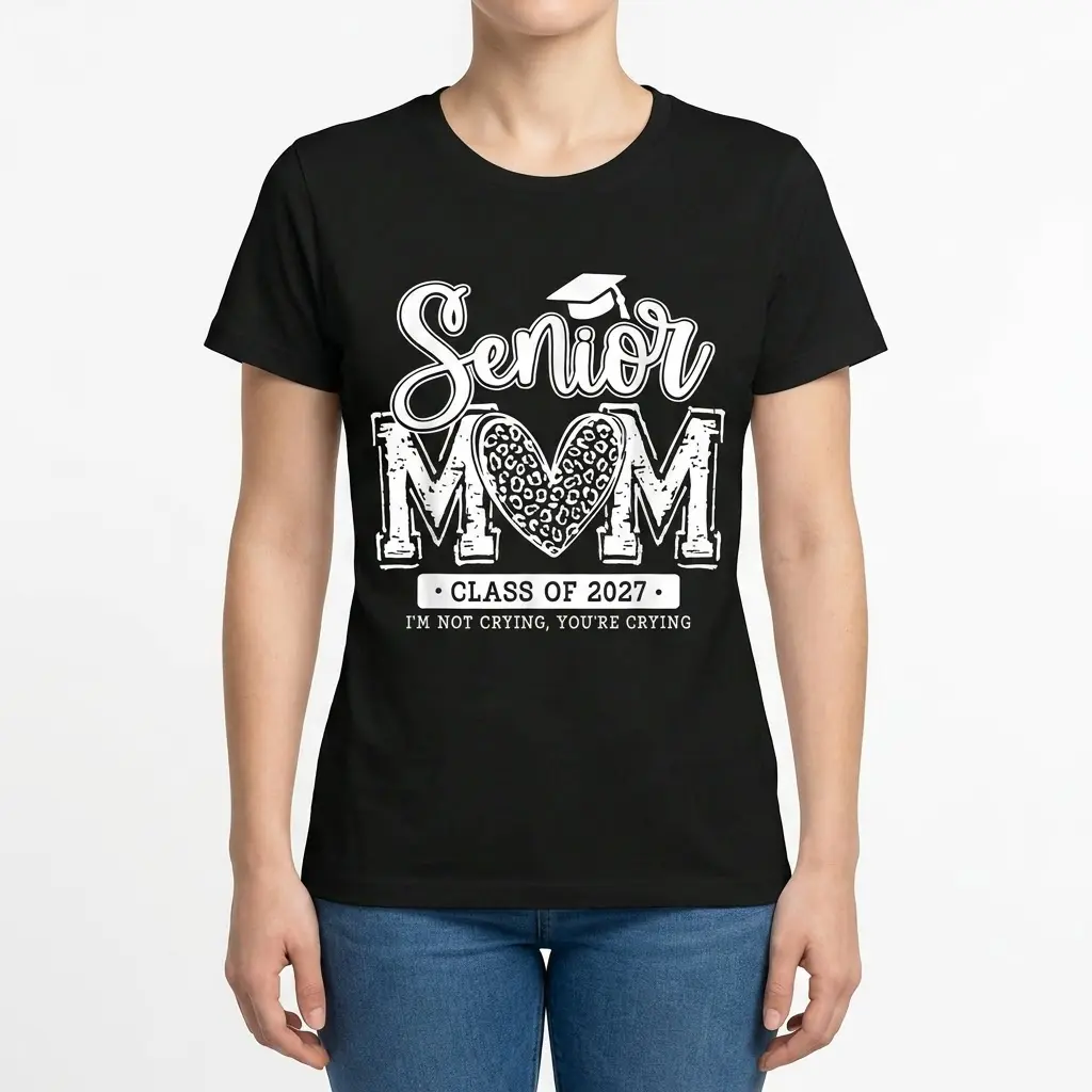 Front view of a woman wearing the 'Senior MOM Class of 2027' t-shirt, with a graduation cap and leopard print heart in the design.