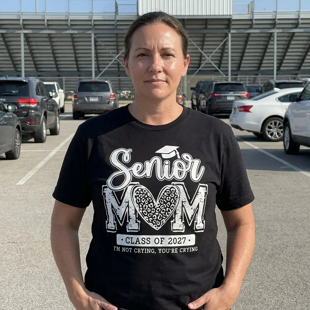 Black t-shirt with the 'Senior MOM Class of 2027 I'M NOT CRYING, YOU'RE CRYING' design, suitable for graduation celebrations.