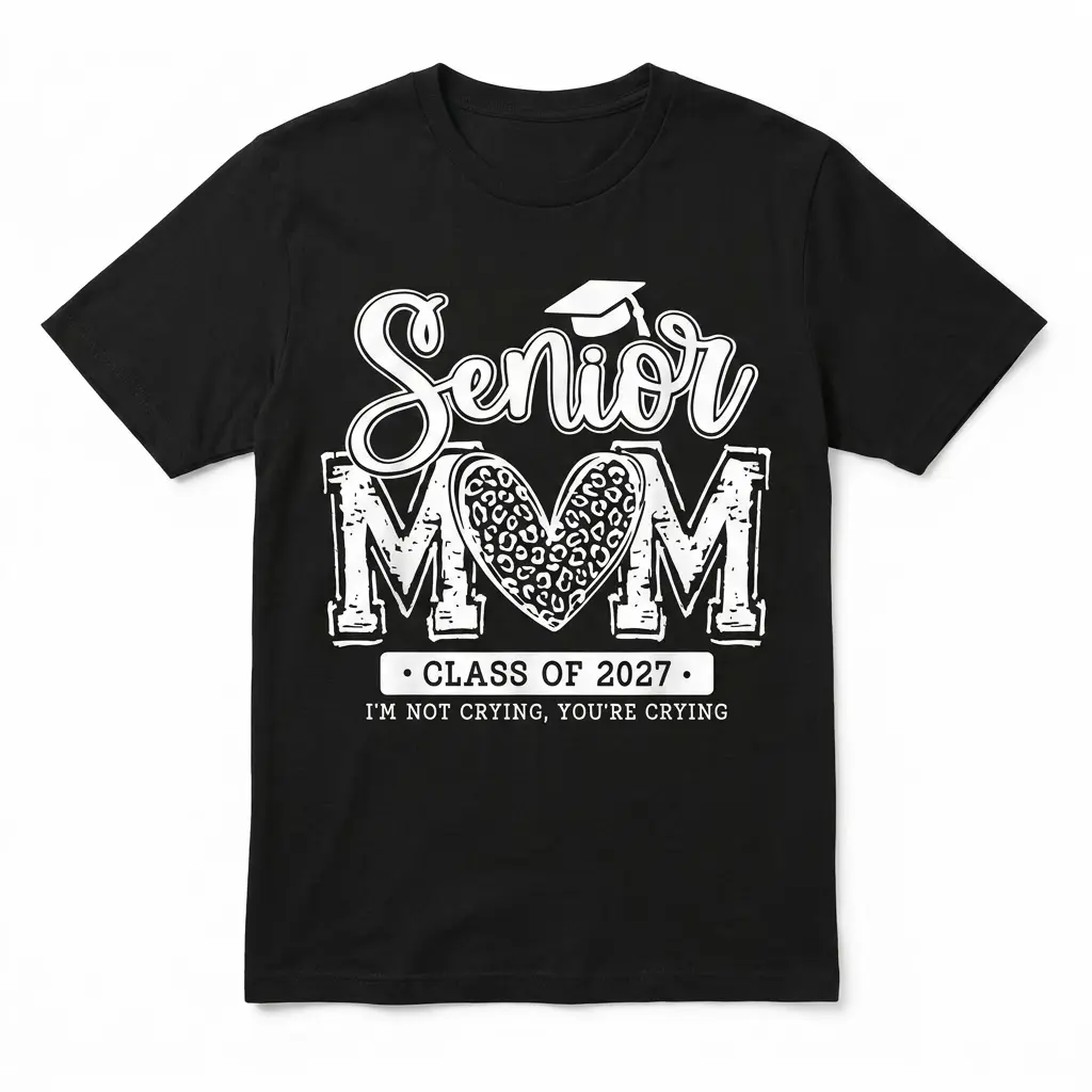 Front flatlay of a black t-shirt featuring the white 'Senior MOM Class of 2027' design, with a leopard print heart and 'I'M NOT CRYING, YOU'RE CRYING'.