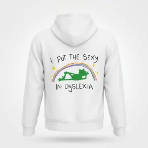Sexy in Dyslexia Funny Frog T-Shirt 7 Back view flat lay of a hoodie printed with I Put The Sexy In Dyslexia and a frog relaxing beneath a rainbow.