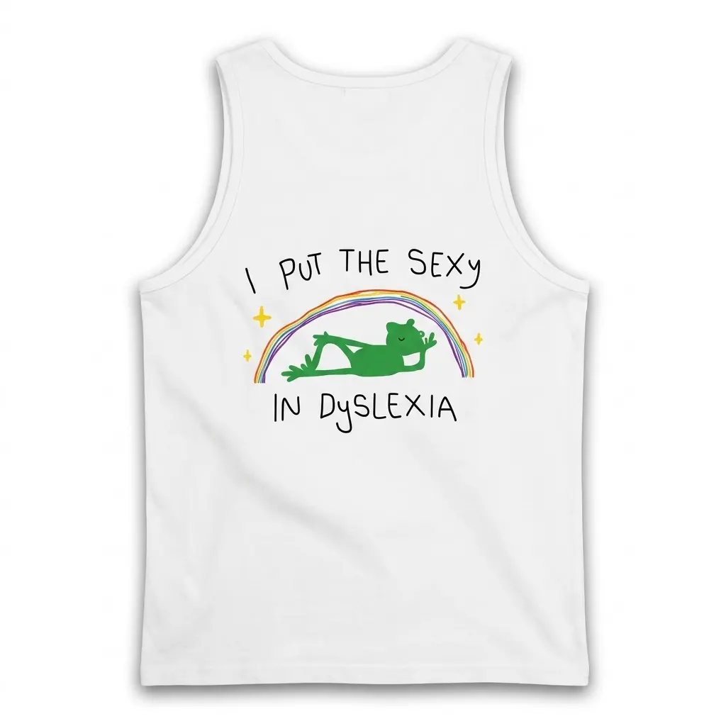 Back flat lay of a tank top with the funny dyslexia frog graphic and I Put The Sexy In Dyslexia text.
