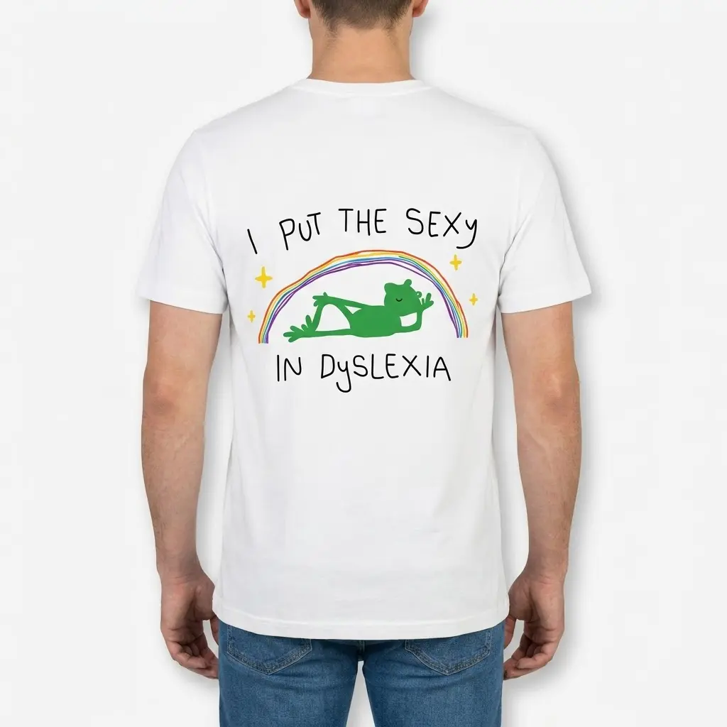 Back view of a man wearing the funny dyslexia shirt with a posing green frog under a rainbow.