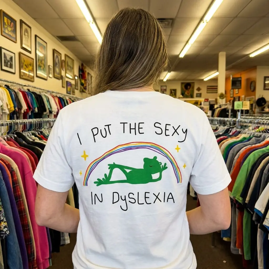 Lifestyle view of the I Put The Sexy In Dyslexia frog graphic shirt in a casual setting.