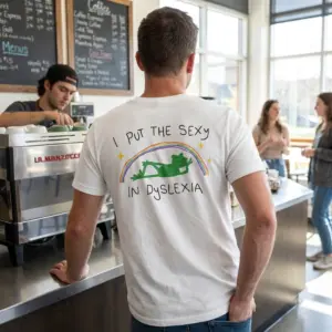 Sexy in Dyslexia Funny Frog T-Shirt 11 Casual lifestyle setting showing the humorous dyslexia tee with a green frog under a rainbow.
