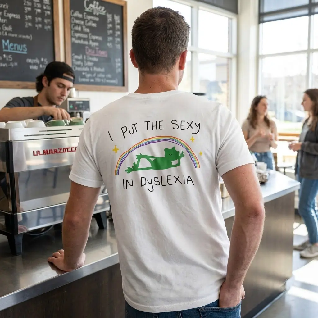 Casual lifestyle setting showing the humorous dyslexia tee with a green frog under a rainbow.