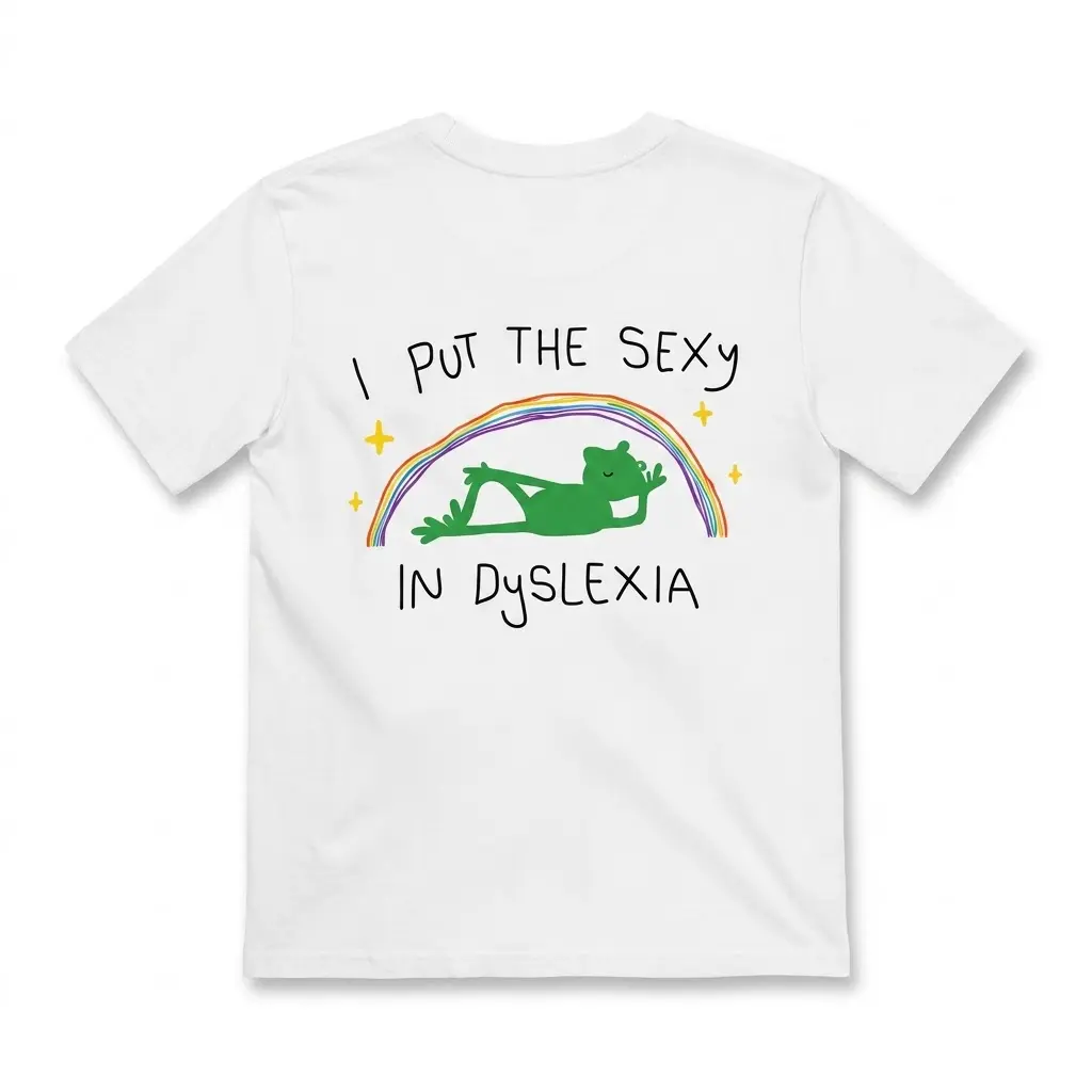 Back flat lay of a white t-shirt featuring I Put The Sexy In Dyslexia text with a lounging green frog under a rainbow.