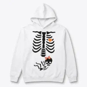 Skeleton Baby Girl Halloween Maternity Shirt 7 Front view of Skeleton Maternity Shirt with playful baby skeleton motif.