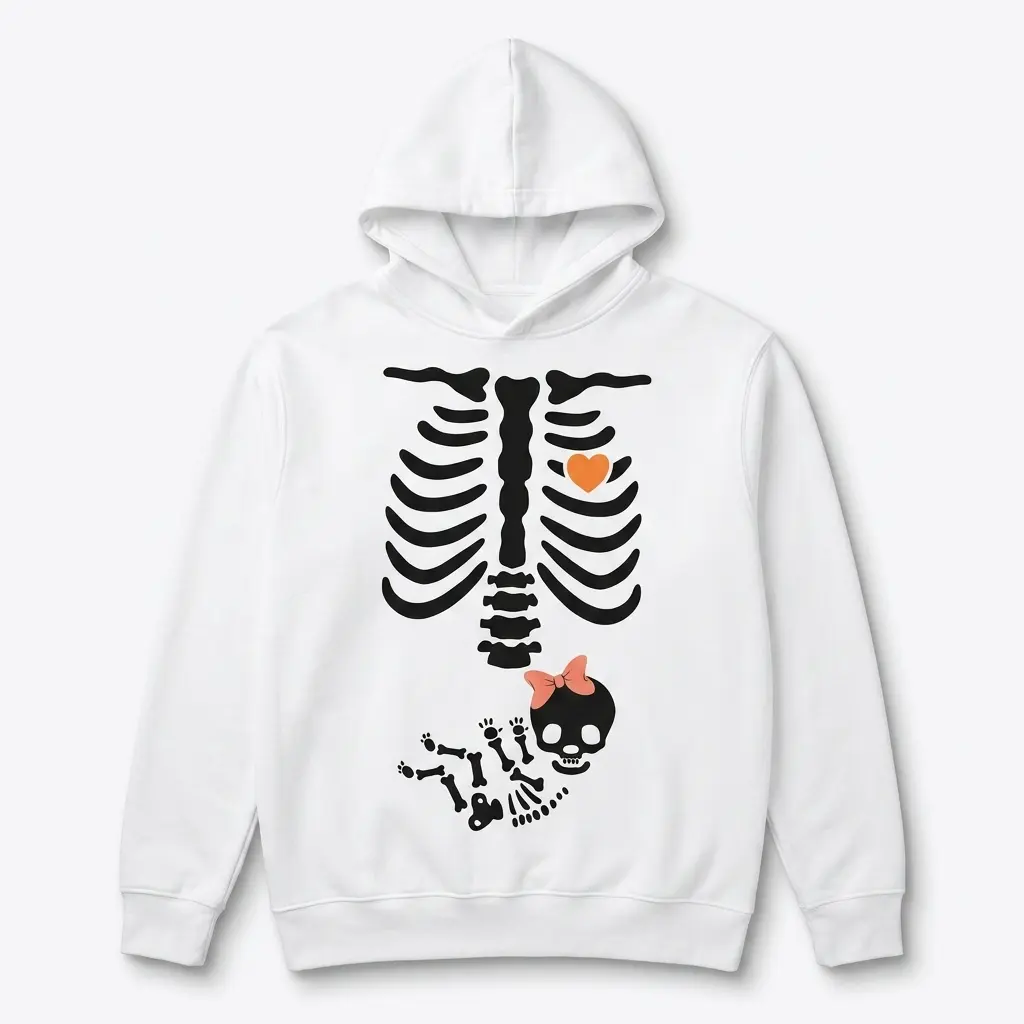 Skeleton Baby Girl Halloween Maternity Shirt 2 Front view of Skeleton Maternity Shirt with playful baby skeleton motif.
