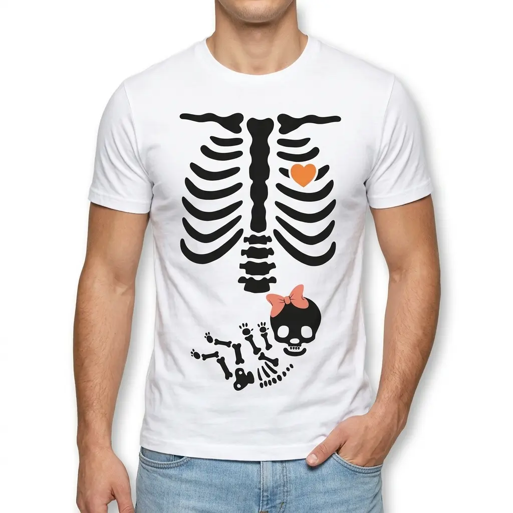 Skeleton Baby Girl Halloween Maternity Shirt 3 Close-up of maternity shirt design with baby skeleton and bow.