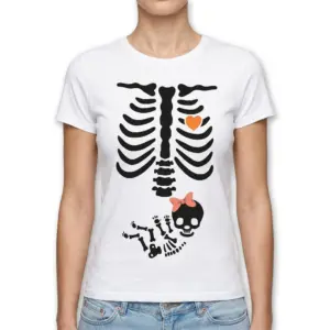 Skeleton Baby Girl Halloween Maternity Shirt 9 Side view of Halloween-themed maternity shirt with skeleton print.