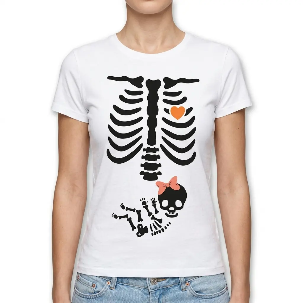 Skeleton Baby Girl Halloween Maternity Shirt 4 Side view of Halloween-themed maternity shirt with skeleton print.