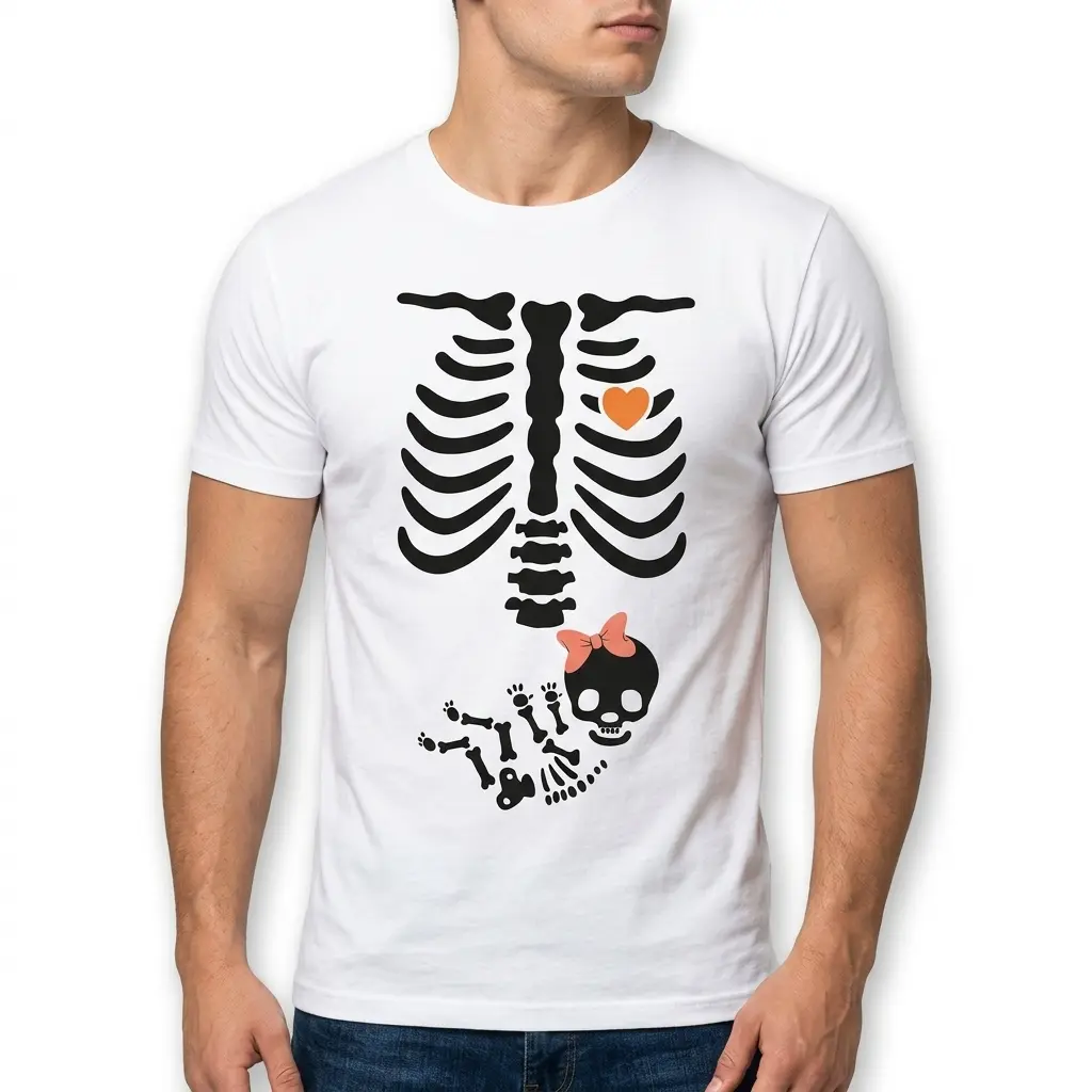 Skeleton Baby Girl Halloween Maternity Shirt 5 Flat lay of Skeleton Baby Girl Halloween Maternity Shirt.