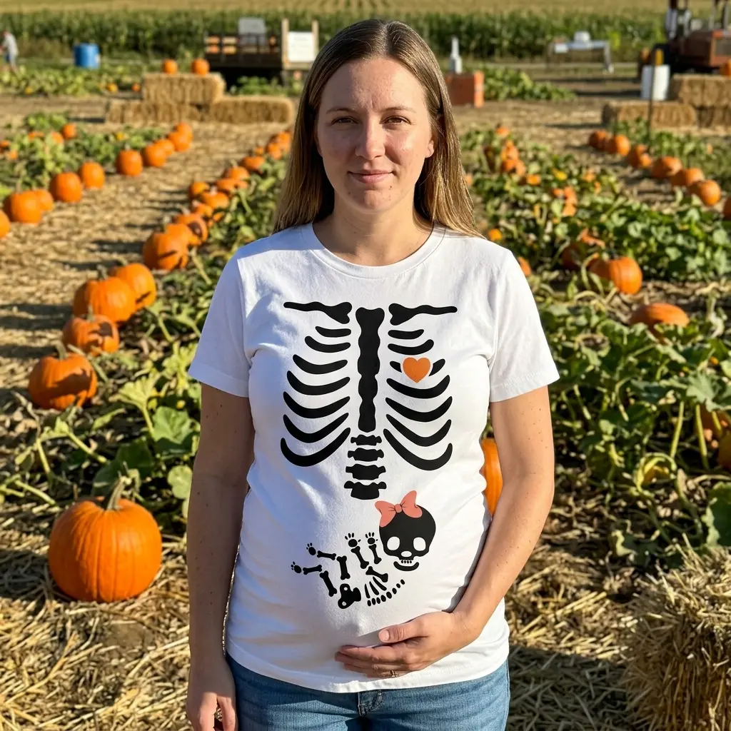 Skeleton Baby Girl Halloween Maternity Shirt 6 Pregnant model wearing Skeleton Maternity Shirt with baby skeleton print.