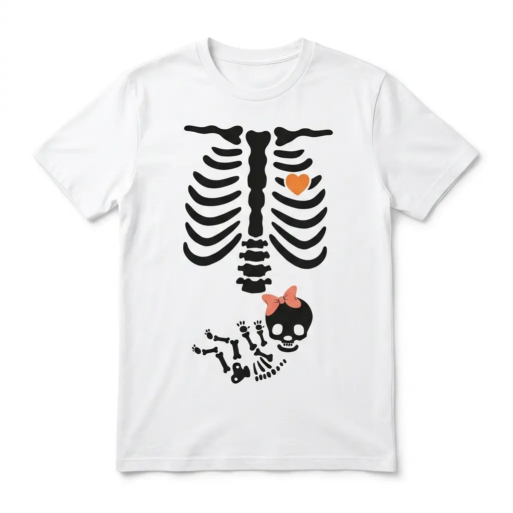 Skeleton Baby Girl Halloween Maternity Shirt 1 White maternity shirt with skeleton and baby girl design, featuring a bow and heart.