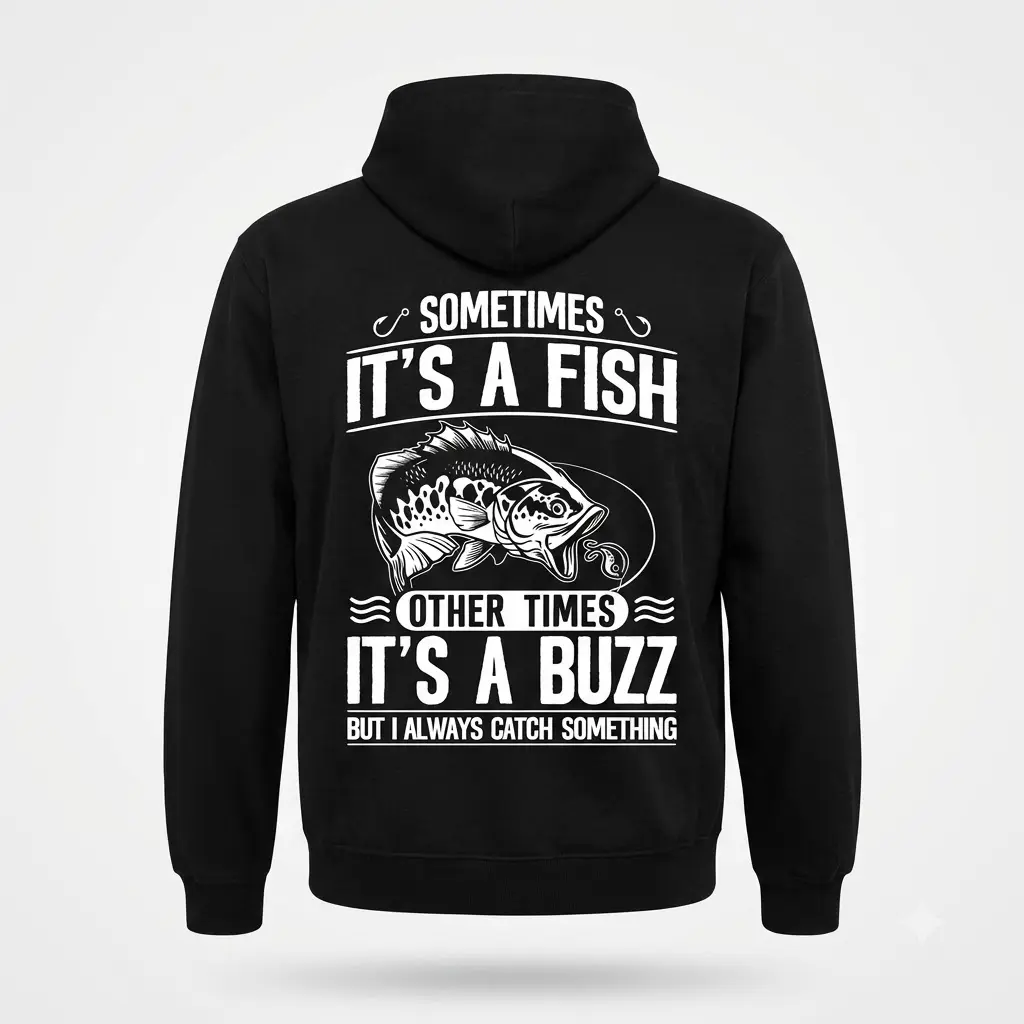Sometimes It's a Fish, Other Times a Buzz Fishing Tee 2 Black tee displaying a witty fishing saying and illustrated fish.