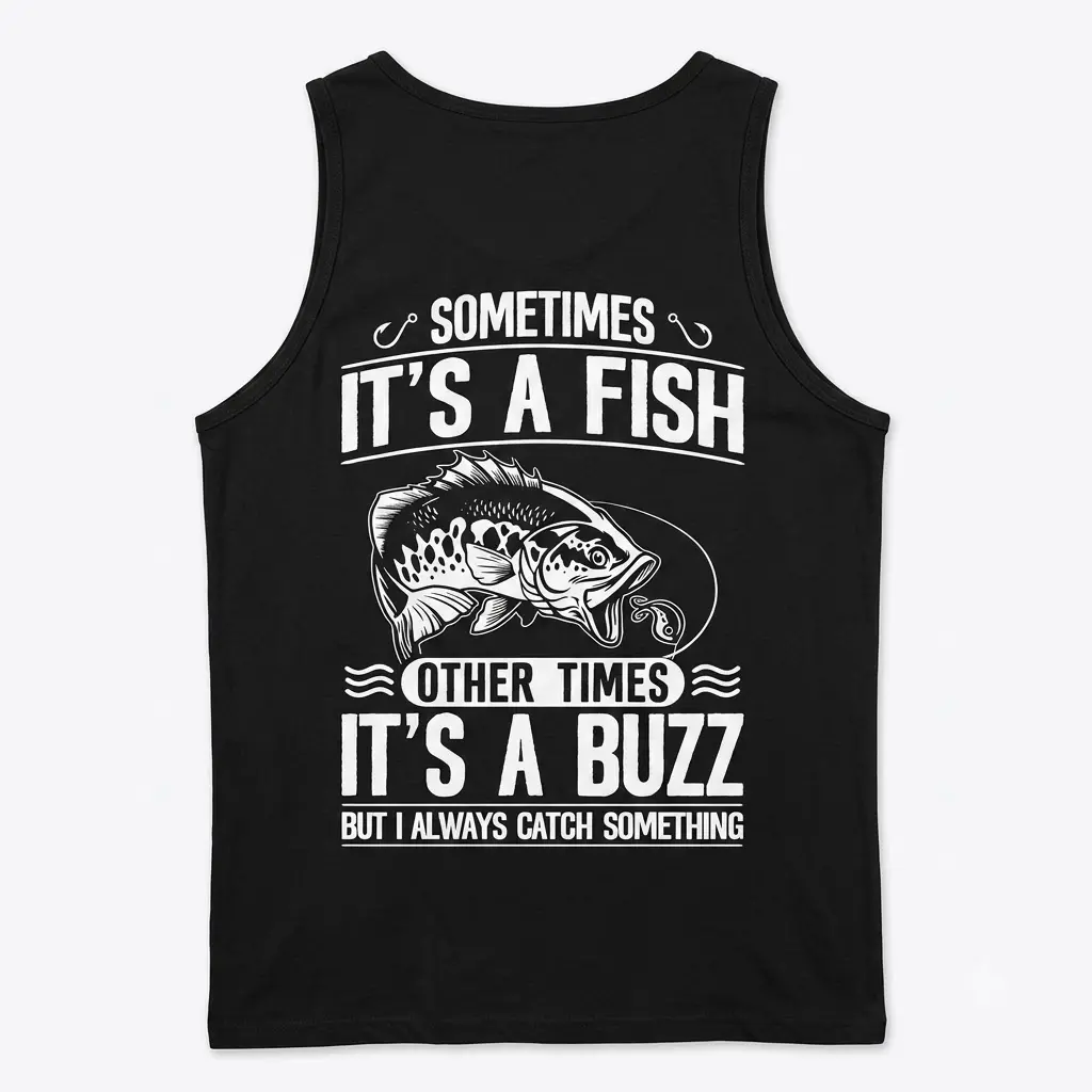 Sometimes It's a Fish, Other Times a Buzz Fishing Tee 3 Fishing humor shirt with text and fish illustration in white.