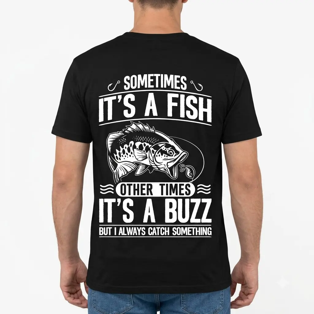 Sometimes It's a Fish, Other Times a Buzz Fishing Tee 4 Graphic t-shirt with playful fishing quote and fish image.
