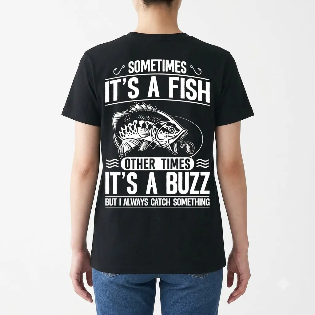 Sometimes It's a Fish, Other Times a Buzz Fishing Tee 5 Humor shirt featuring a funny fishing message with fish design.