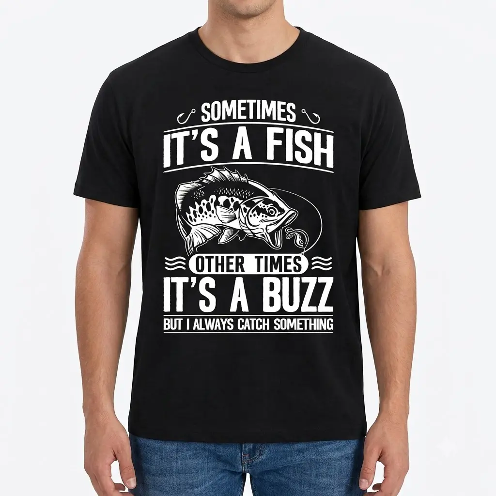 Sometimes It's a Fish, Other Times a Buzz Fishing Tee 6 Black humor tee with fishing-themed text and fish graphic.