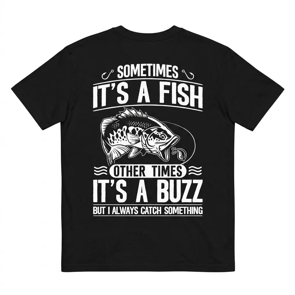 Sometimes It's a Fish, Other Times a Buzz Fishing Tee 1 Black shirt with humorous fishing slogan featuring a fish graphic.