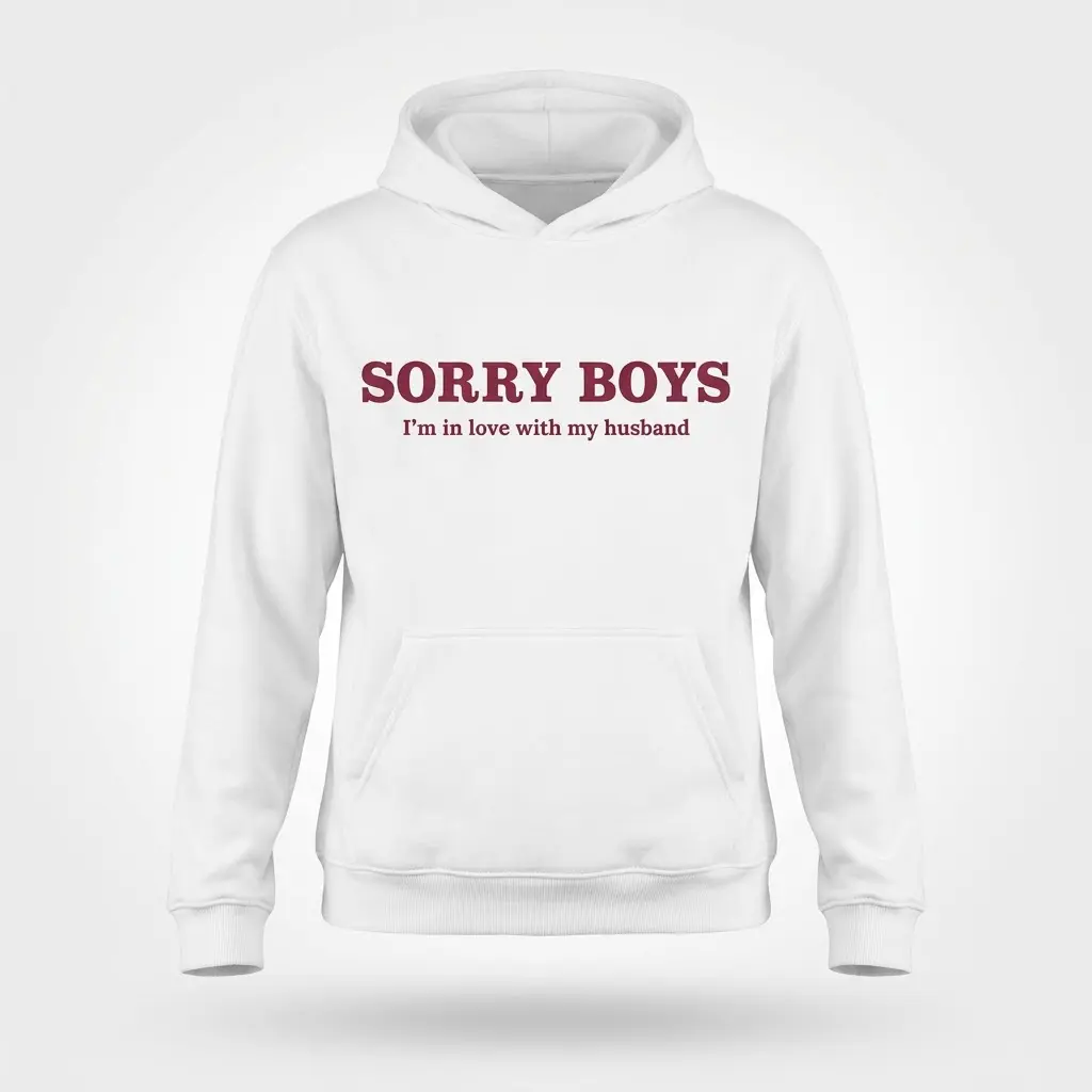 Front flat lay of a hoodie featuring the Sorry Boys I'm in love with my husband graphic across the chest.