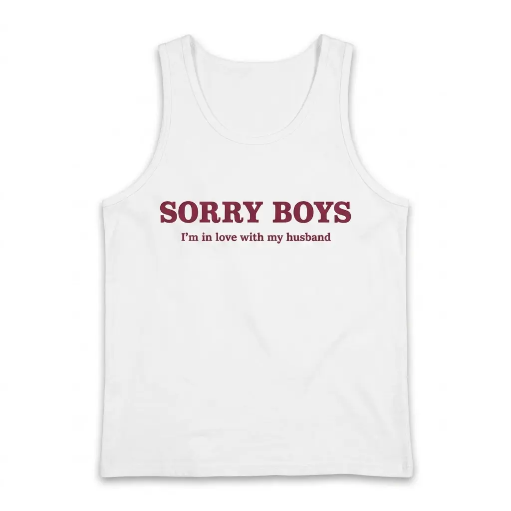 Flat lay view of a tank top with the humorous Sorry Boys I'm in love with my husband design.