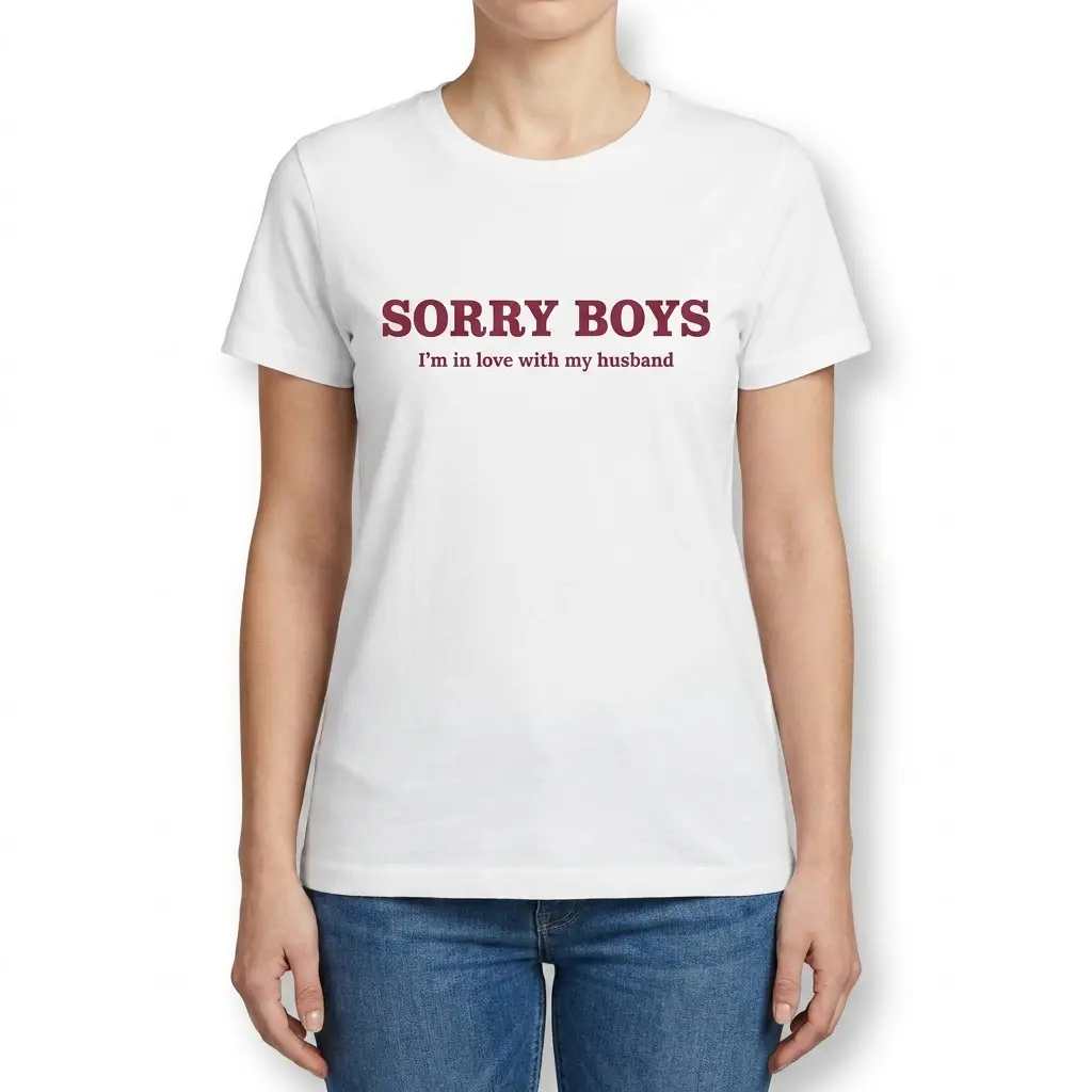Front view of a woman wearing the white Sorry Boys I'm in love with my husband graphic t-shirt.